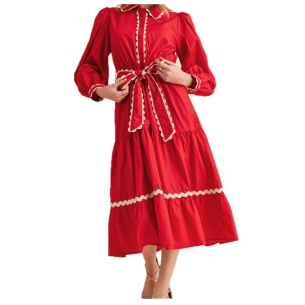 JODIFL swirl ricrac trim dress in red size small